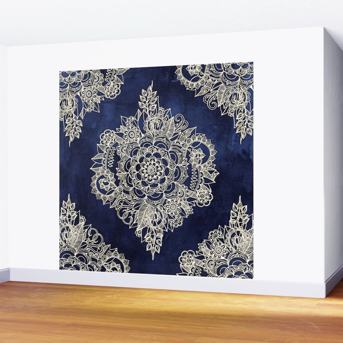 Cream Floral Moroccan Pattern on Deep Indigo Ink Wall Mural Gallery Image 2