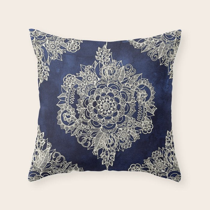 Cream Floral Moroccan Pattern on Deep Indigo Ink Throw Pillow Gallery Image 1