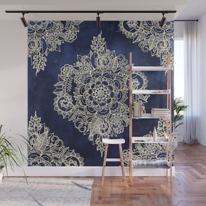Cream Floral Moroccan Pattern on Deep Indigo Ink Wall Mural Gallery Image 1