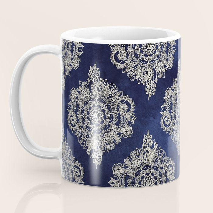 Cream Floral Moroccan Pattern on Deep Indigo Ink Coffee Mug Gallery Image 3