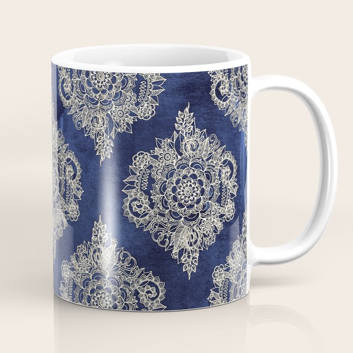 Cream Floral Moroccan Pattern on Deep Indigo Ink Coffee Mug Gallery Image 1