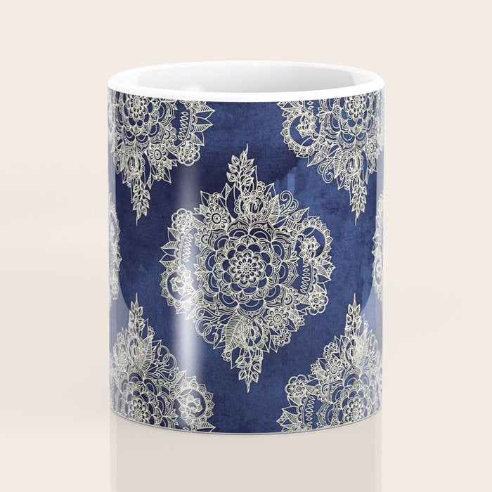 Cream Floral Moroccan Pattern on Deep Indigo Ink Coffee Mug Gallery Image 4