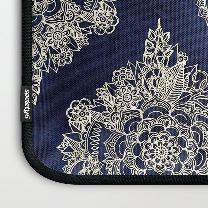 Cream Floral Moroccan Pattern on Deep Indigo Ink Laptop Sleeve Gallery Image 3