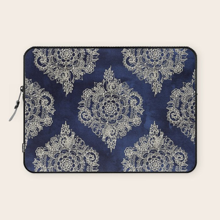 Cream Floral Moroccan Pattern on Deep Indigo Ink Laptop Sleeve Gallery Image 1