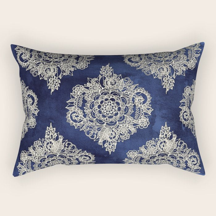 Cream Floral Moroccan Pattern on Deep Indigo Ink Rectangular Pillow Gallery Image 1
