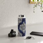 Cream Floral Moroccan Pattern on Deep Indigo Ink Water Bottle Gallery Image 4