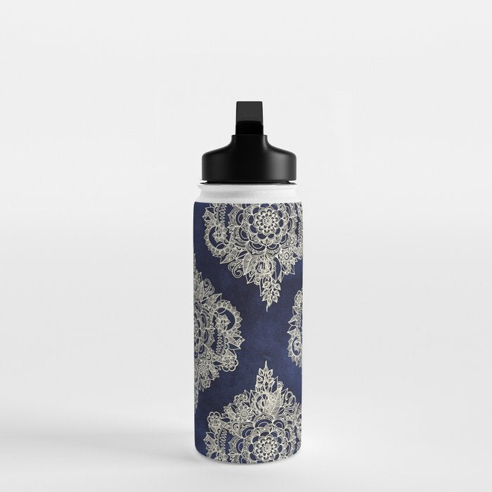 Cream Floral Moroccan Pattern on Deep Indigo Ink Water Bottle Gallery Image 3