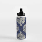 Cream Floral Moroccan Pattern on Deep Indigo Ink Water Bottle Gallery Image 2
