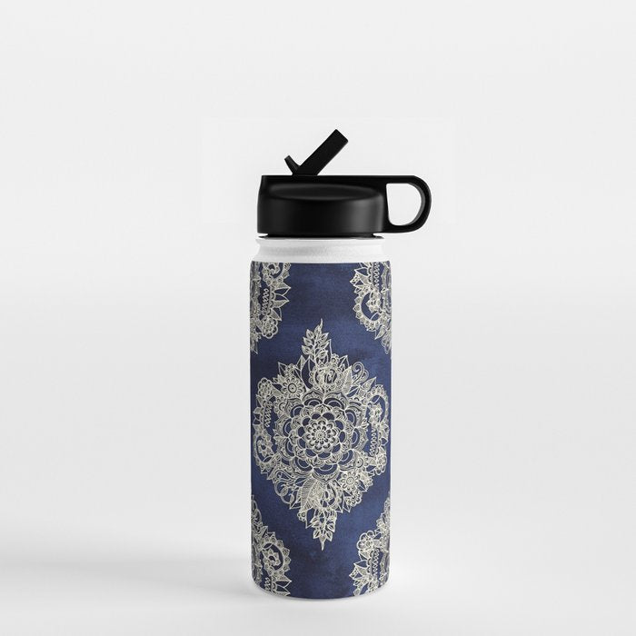Cream Floral Moroccan Pattern on Deep Indigo Ink Water Bottle Gallery Image 1