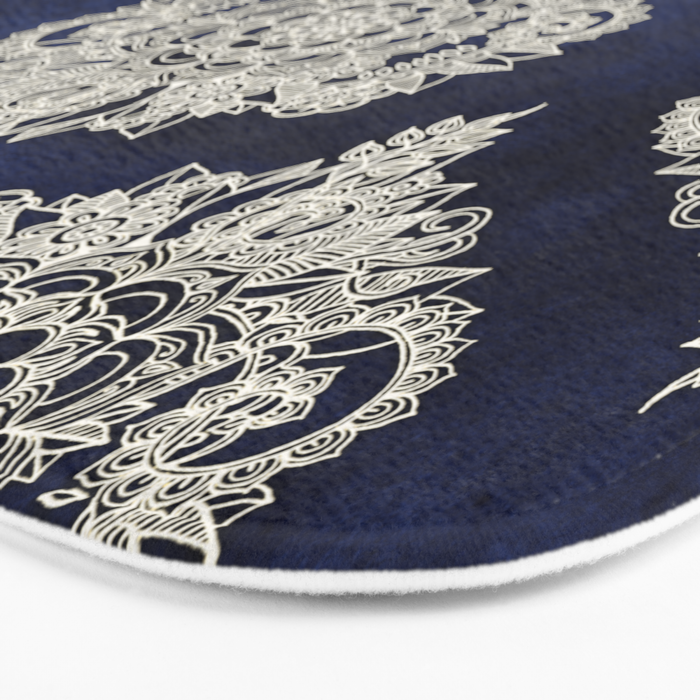 Cream Floral Moroccan Pattern on Deep Indigo Ink Bath Mat Gallery Image 3