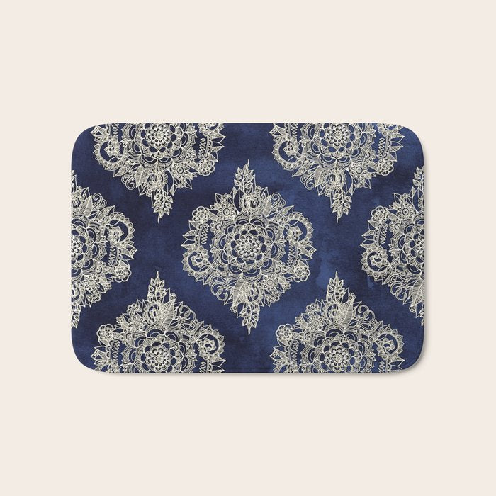 Cream Floral Moroccan Pattern on Deep Indigo Ink Bath Mat Gallery Image 1