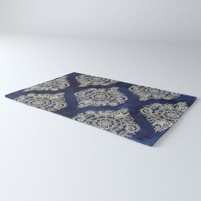 Cream Floral Moroccan Pattern on Deep Indigo Ink Rug Gallery Image 3