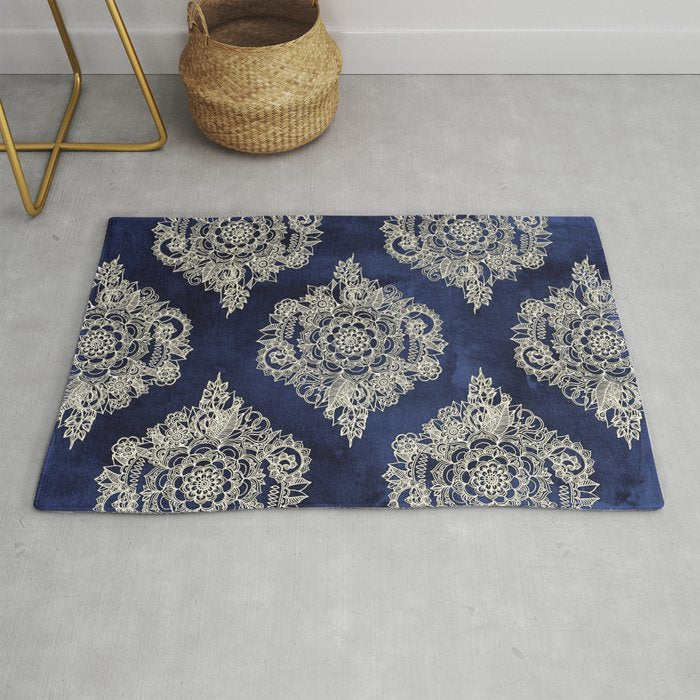 Cream Floral Moroccan Pattern on Deep Indigo Ink Rug Gallery Image 1