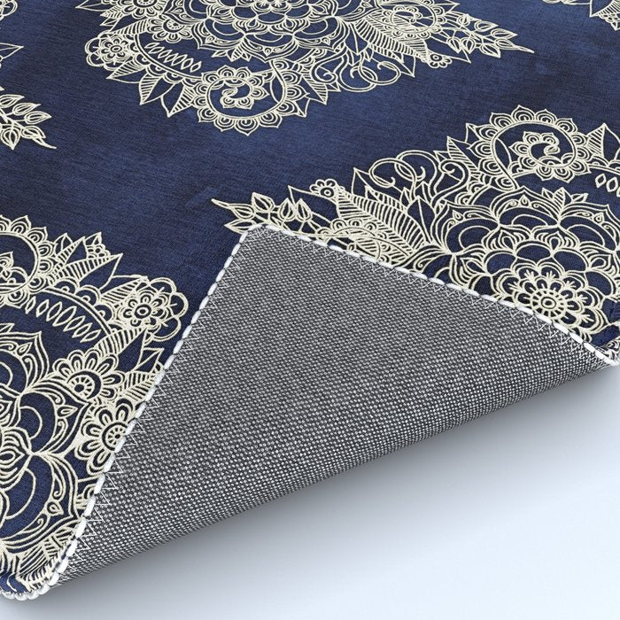 Cream Floral Moroccan Pattern on Deep Indigo Ink Rug Gallery Image 4