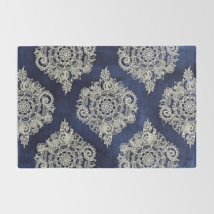 Cream Floral Moroccan Pattern on Deep Indigo Ink Rug Gallery Image 2