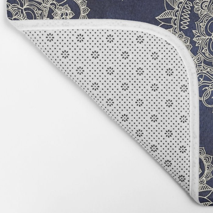 Cream Floral Moroccan Pattern on Deep Indigo Ink Bath Mat Gallery Image 2