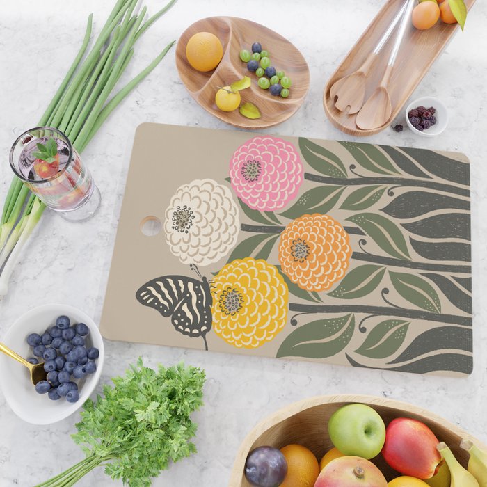 Bloom Wildly - Colorful Zinnia Flowers and Butterfly Cutting Board Gallery Image 2