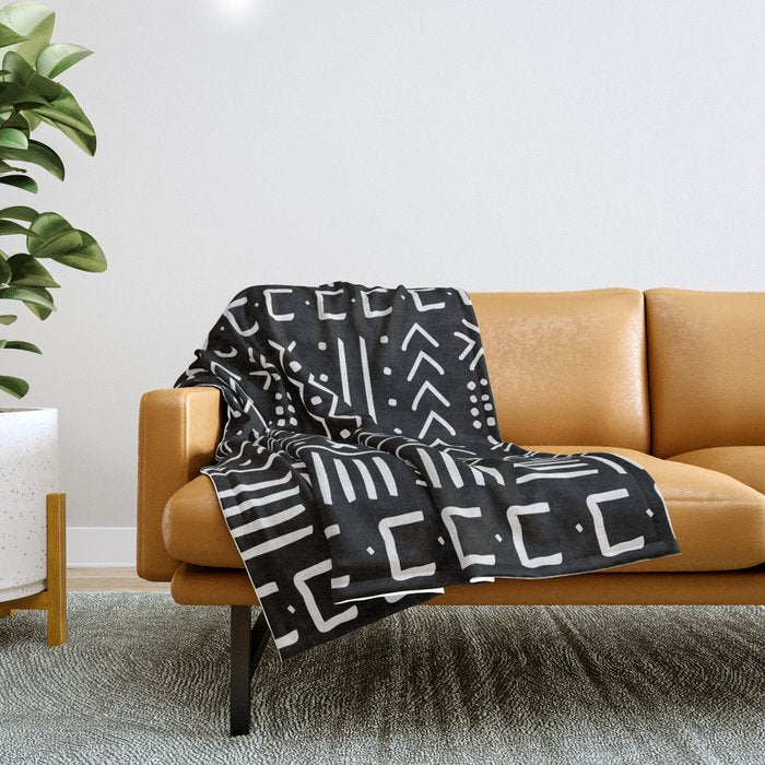 Black hand drawn mudcloth Throw Blanket Gallery Image 1