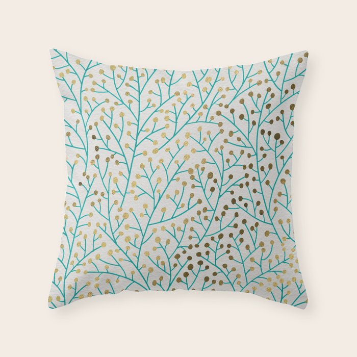 Berry Branches - Turquoise & Gold Throw Pillow Gallery Image 6
