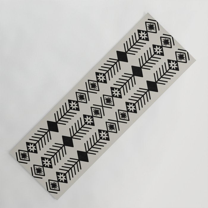 Black aztec lines and flowers on neutral Yoga Mat Gallery Image 1