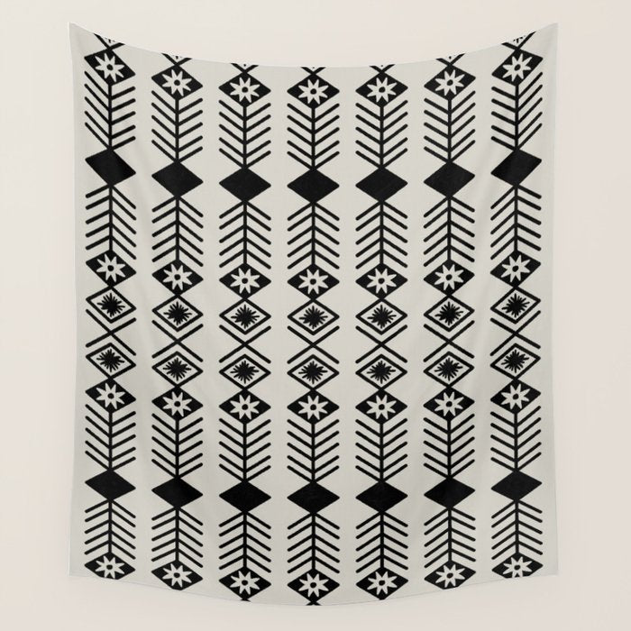 Black aztec lines and flowers on neutral Wall Tapestry Gallery Image 4