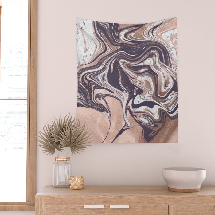 Liquid Rose Gold Violet and Marble Wall Tapestry Gallery Image 2
