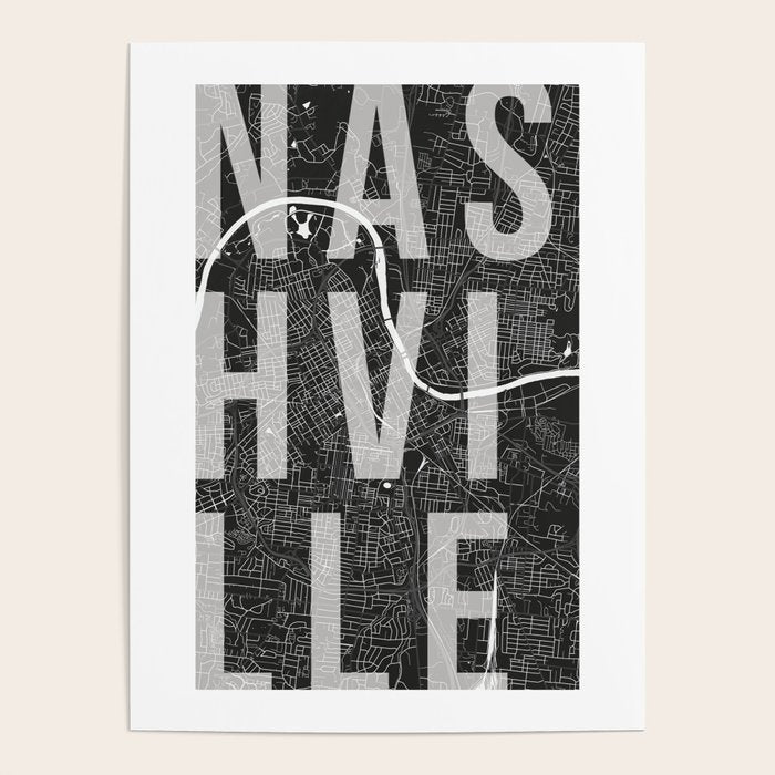 Nashville Mono Street Map Text Overlay Poster Gallery Image 1