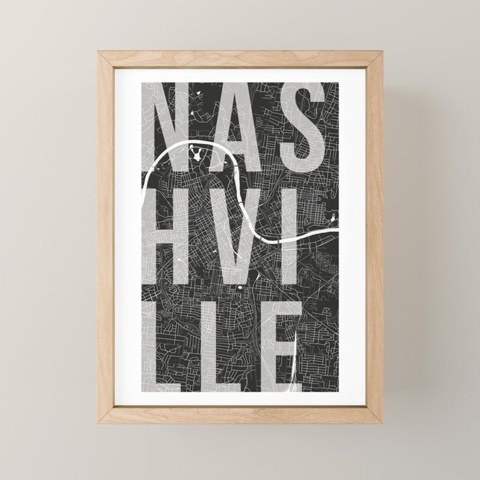Nashville Mono Street Map Text Overlay Mini Art Print Gallery Image 1