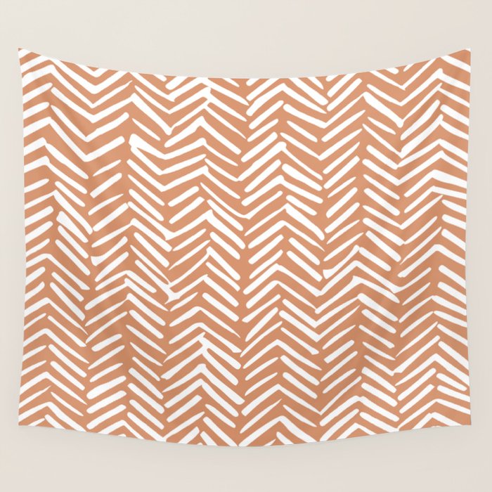Abstract Herringbone, Striped Pattern, Orange and White Wall Tapestry Gallery Image 1