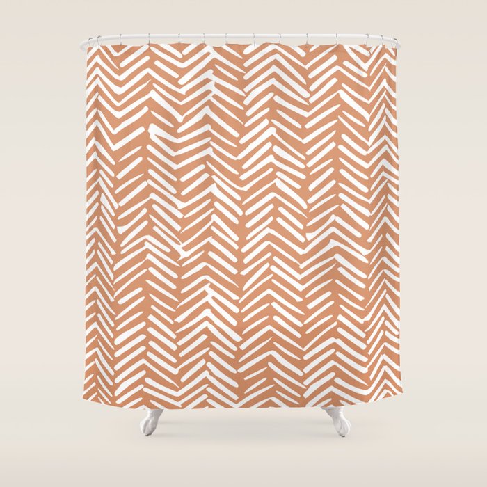 Abstract Herringbone, Striped Pattern, Orange and White Shower Curtain Gallery Image 1