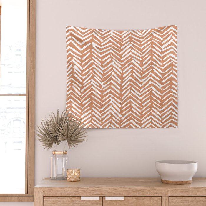 Abstract Herringbone, Striped Pattern, Orange and White Wall Tapestry Gallery Image 2