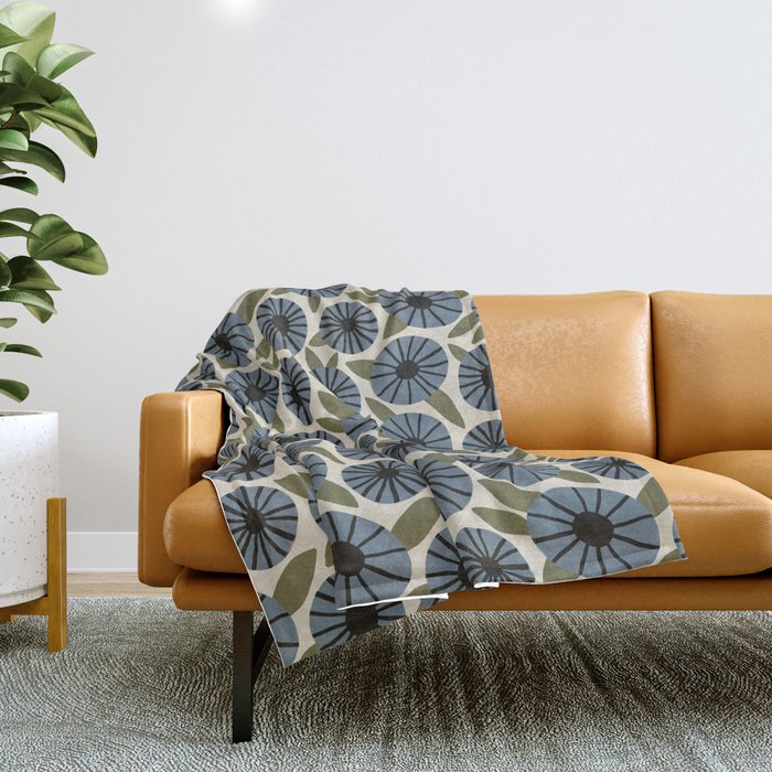 Floral Pattern / Slate Blue & Green Throw Blanket Gallery Image 1