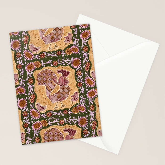Rooster Painting in Forest Green - Folk Art Style Stationery Card Gallery Image 2