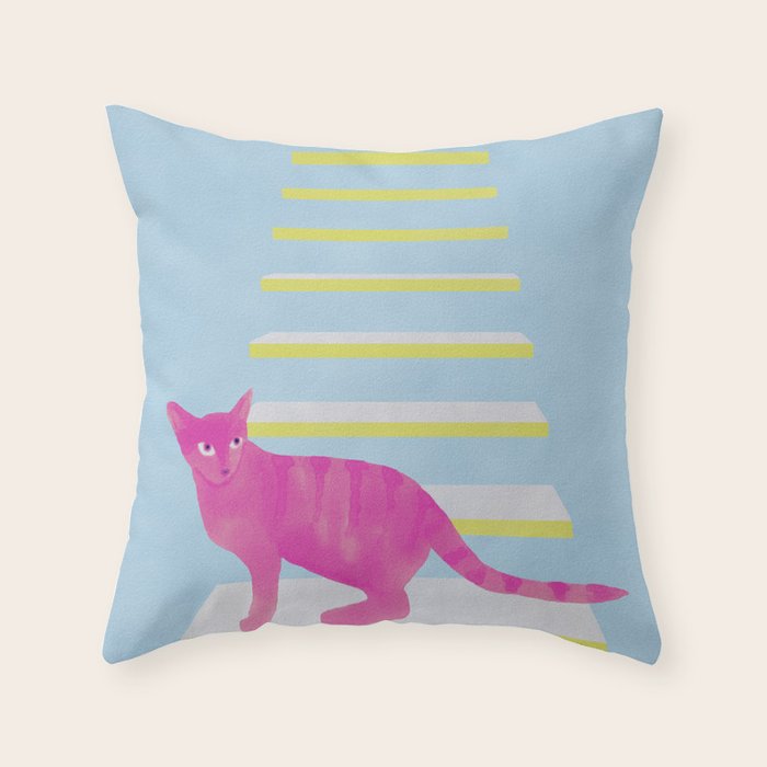 Cat on the Stairs - Pink Throw Pillow Gallery Image 1
