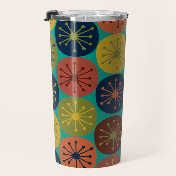 Atomic Dots Retro Midcentury Modern Pattern in Mid Mod Mustard, Olive, Orange, and Medium Teal Travel Mug Gallery Image 3