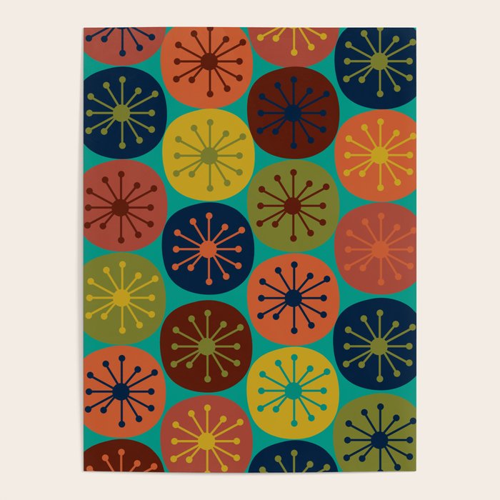 Atomic Dots Retro Midcentury Modern Pattern in Mid Mod Mustard, Olive, Orange, and Medium Teal Poster Gallery Image 1