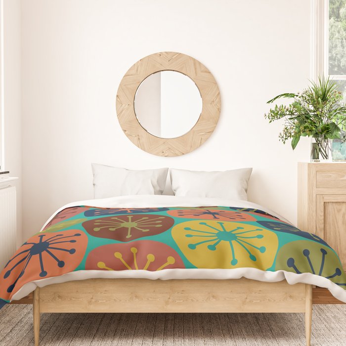 Atomic Dots Retro Midcentury Modern Pattern in Mid Mod Mustard, Olive, Orange, and Medium Teal Duvet Cover Gallery Image 3