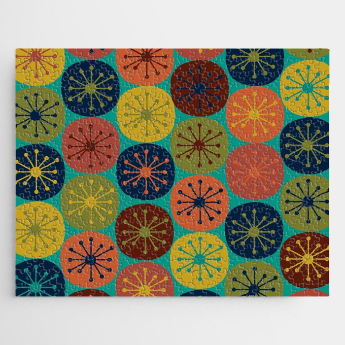 Atomic Dots Retro Midcentury Modern Pattern in Mid Mod Mustard, Olive, Orange, and Medium Teal Jigsaw Puzzle Gallery Image 1