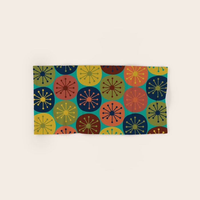 Atomic Dots Retro Midcentury Modern Pattern in Mid Mod Mustard, Olive, Orange, and Medium Teal Bath Towel Gallery Image 1