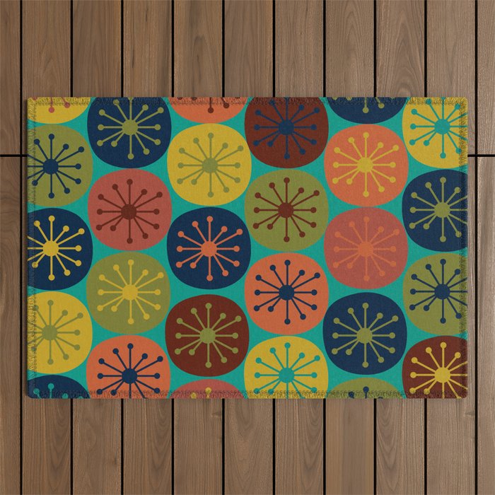 Atomic Dots Retro Midcentury Modern Pattern in Mid Mod Mustard, Olive, Orange, and Medium Teal Outdoor Rug Gallery Image 1