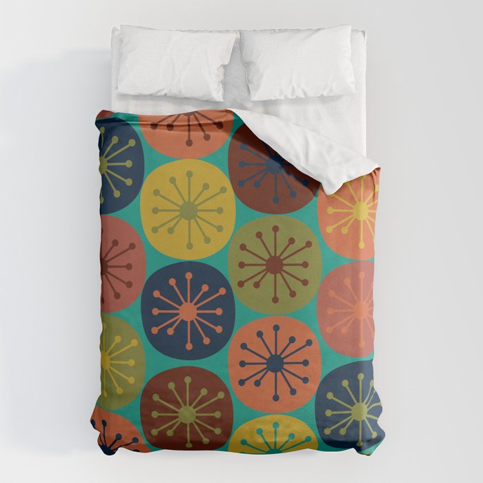 Atomic Dots Retro Midcentury Modern Pattern in Mid Mod Mustard, Olive, Orange, and Medium Teal Duvet Cover Gallery Image 1