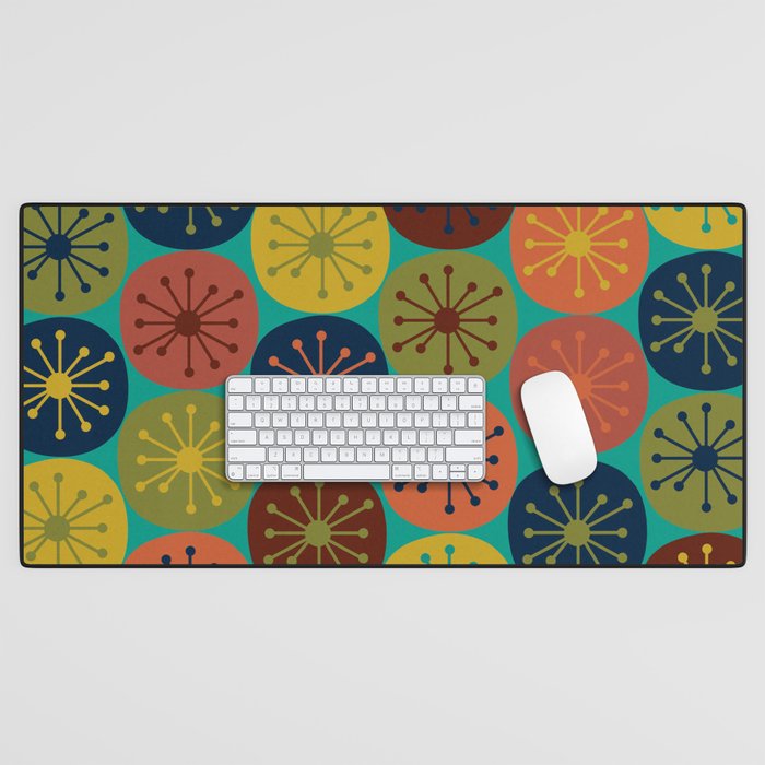 Atomic Dots Retro Midcentury Modern Pattern in Mid Mod Mustard, Olive, Orange, and Medium Teal Desk Mat Gallery Image 1