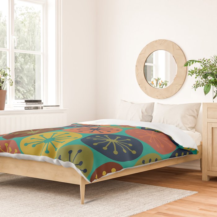 Atomic Dots Retro Midcentury Modern Pattern in Mid Mod Mustard, Olive, Orange, and Medium Teal Duvet Cover Gallery Image 2