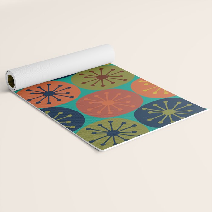 Atomic Dots Retro Midcentury Modern Pattern in Mid Mod Mustard, Olive, Orange, and Medium Teal Yoga Mat Gallery Image 2