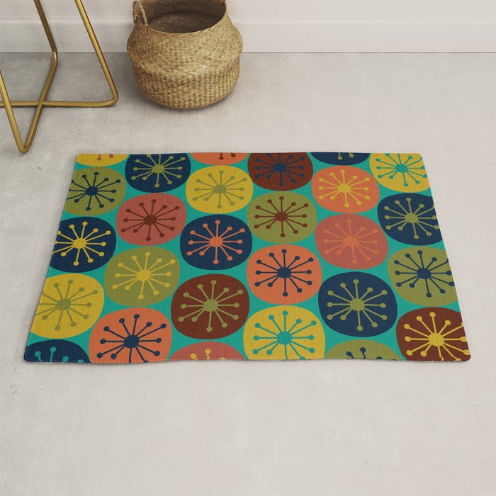 Atomic Dots Retro Midcentury Modern Pattern in Mid Mod Mustard, Olive, Orange, and Medium Teal Rug Gallery Image 1