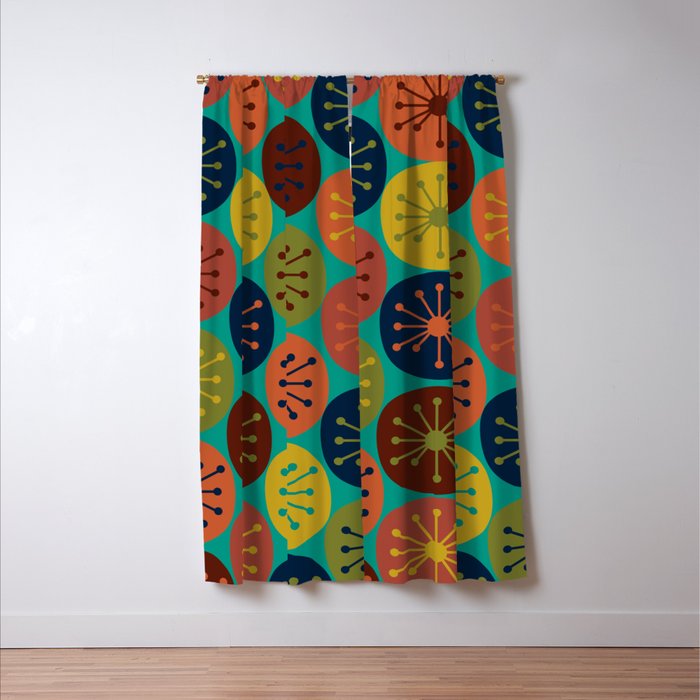 Atomic Dots Retro Midcentury Modern Pattern in Mid Mod Mustard, Olive, Orange, and Medium Teal Window Curtain Gallery Image 3