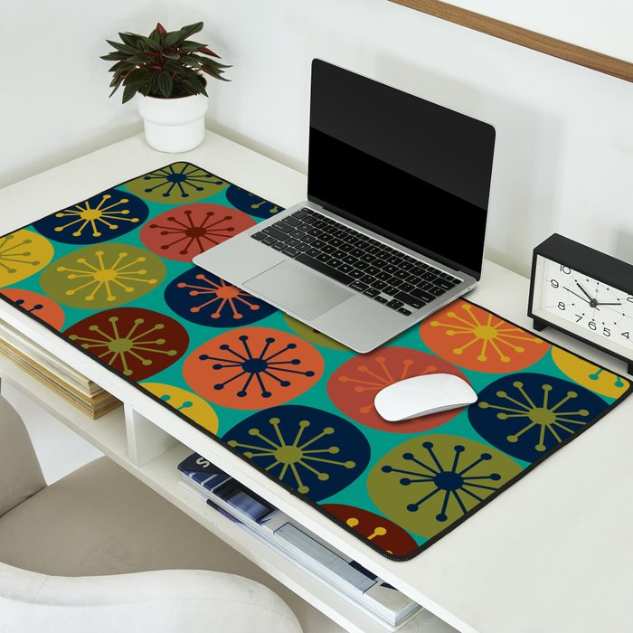 Atomic Dots Retro Midcentury Modern Pattern in Mid Mod Mustard, Olive, Orange, and Medium Teal Desk Mat Gallery Image 2