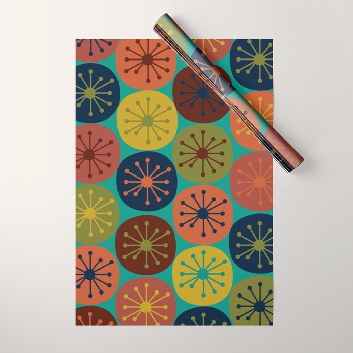 Atomic Dots Retro Midcentury Modern Pattern in Mid Mod Mustard, Olive, Orange, and Medium Teal Wrapping Paper Gallery Image 1