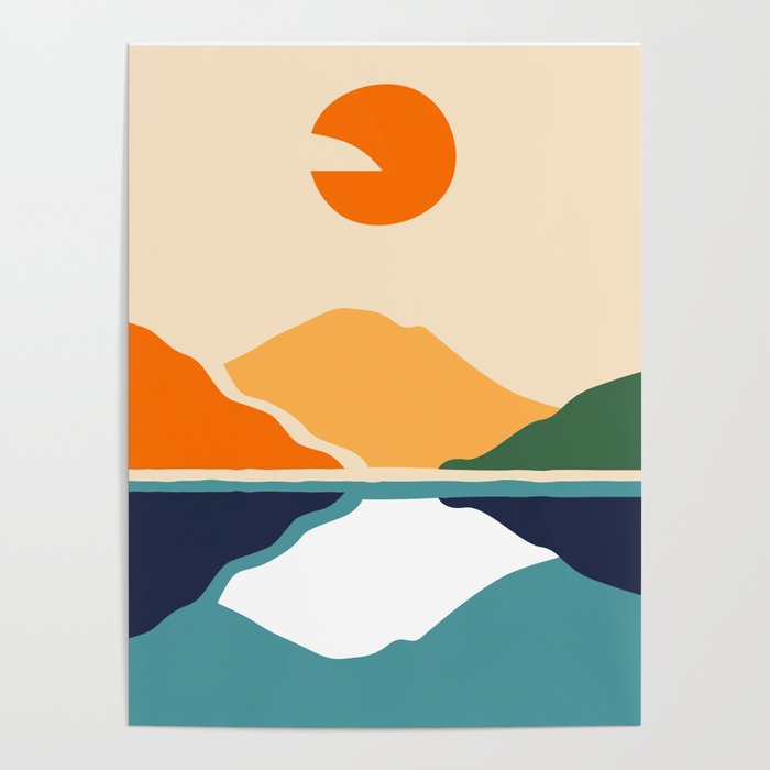 Abstract colorful mountain lake landscape retro print Poster Gallery Image 1