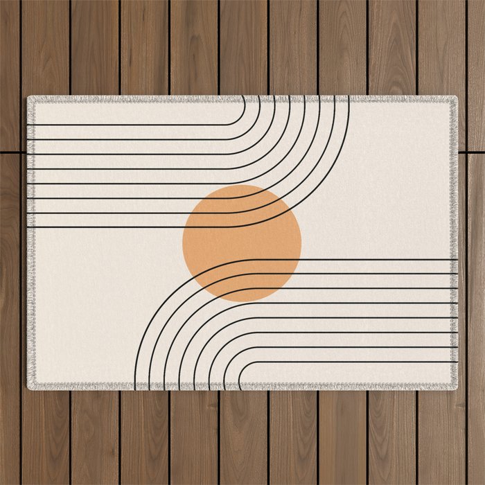 Geometric Lines in Black and Beige 14 (Rainbow and Sun Abstraction) Outdoor Rug Gallery Image 1
